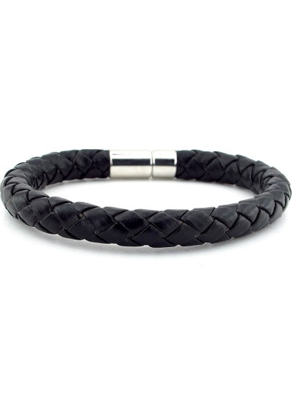 Kalın Siyah Deri Gümüş Renk Metal Klipsli Erkek Bileklik M048A