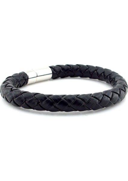 Kalın Siyah Deri Gümüş Renk Metal Klipsli Erkek Bileklik M048A fiyatları