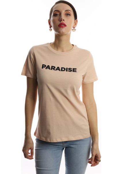 Polo State Kadın Paradise Baskılı Bisiklet Yaka T-Shirt Bej