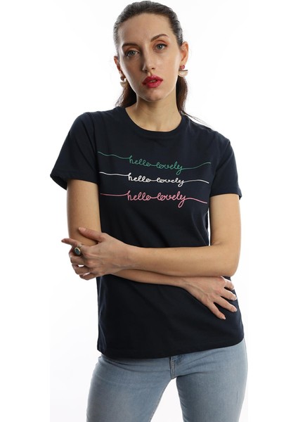 Kadın Hello Lovely Yazı Baskılı T-Shirt Lacivert fiyatları