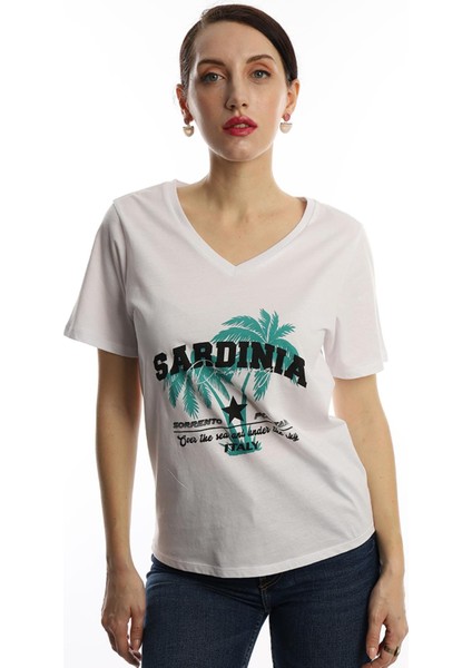 Polo State Kadın Sardinia Baskilı V Yaka T-Shirt Beyaz