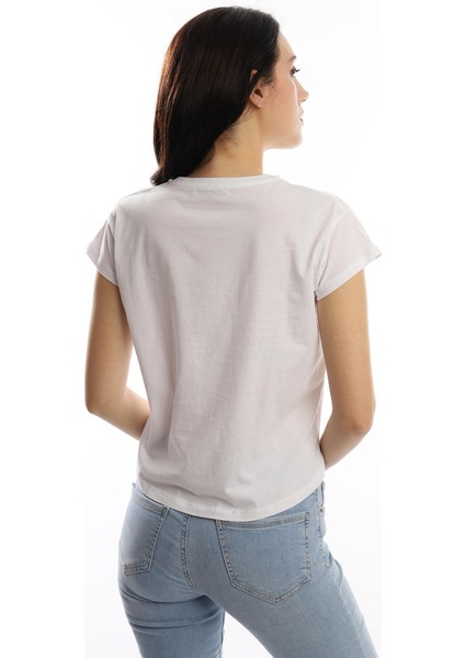 Kadın Paris Yazı Baskılı Crop T-Shirt Beyaz modelleri