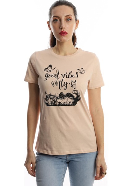 Polo State Kadın Good Vibes Only Yazı Baskılı T-Shirt Bej