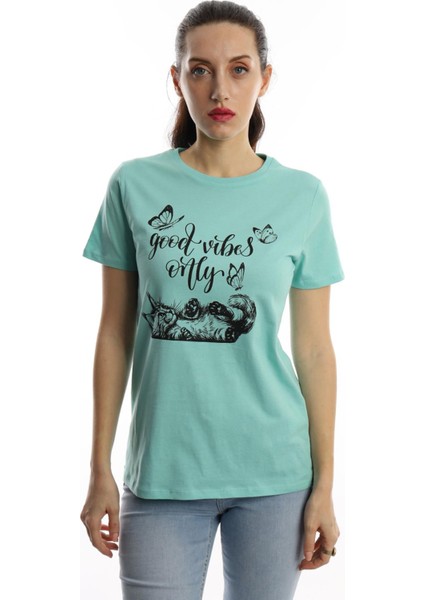 Kadın Good Vibes Only Yazı Baskılı T-Shirt Turkuaz