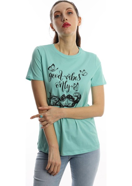 Kadın Good Vibes Only Yazı Baskılı T-Shirt Turkuaz