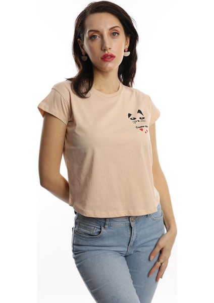 Polo State Kadın Game Over Kedi Baskılı T-Shirt Bej