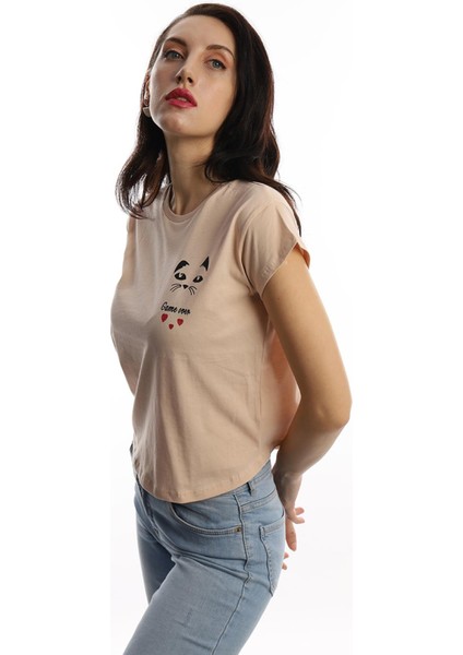 Polo State Kadın Game Over Kedi Baskılı T-Shirt Bej