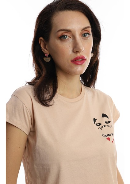 Polo State Kadın Game Over Kedi Baskılı T-Shirt Bej