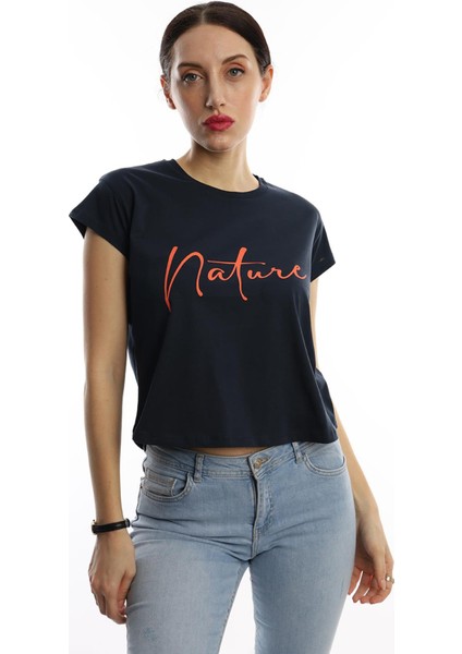 Polo State Kadın Nature Yazı Baskılı Crop T-Shirt Lacivert