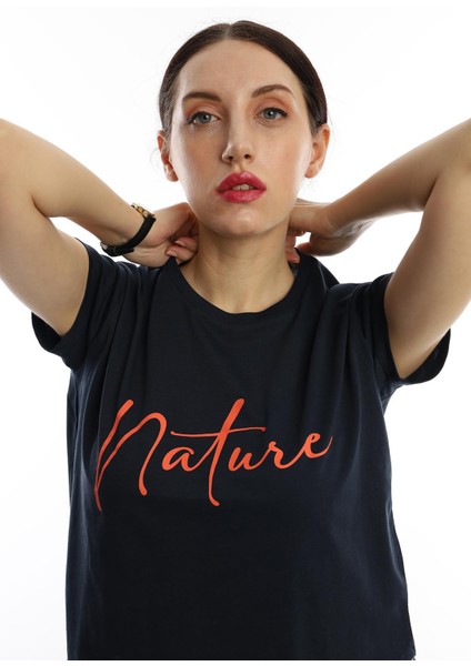 Polo State Kadın Nature Yazı Baskılı Crop T-Shirt Lacivert