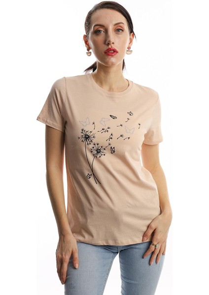 Kadin Bisiklet Yaka Baskılı Basic T-Shirt Bej