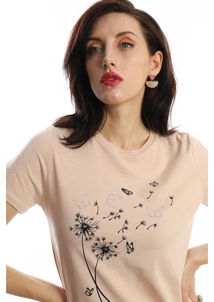 Kadin Bisiklet Yaka Baskılı Basic T-Shirt Bej