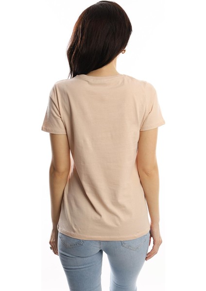Kadin Bisiklet Yaka Baskılı Basic T-Shirt Bej