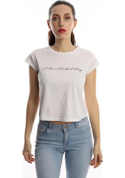 Kadın Bisiklet Yaka Baskılı Crop T-Shirt Beyaz