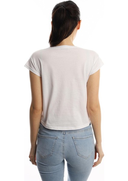 Kadın Bisiklet Yaka Baskılı Crop T-Shirt Beyaz indirimleri