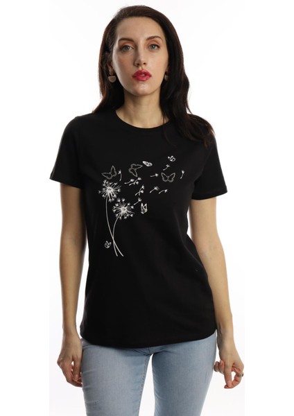 Kadin Bisiklet Yaka Baskılı Basic T-Shirt Siyah