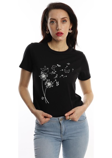 Kadin Bisiklet Yaka Baskılı Basic T-Shirt Siyah