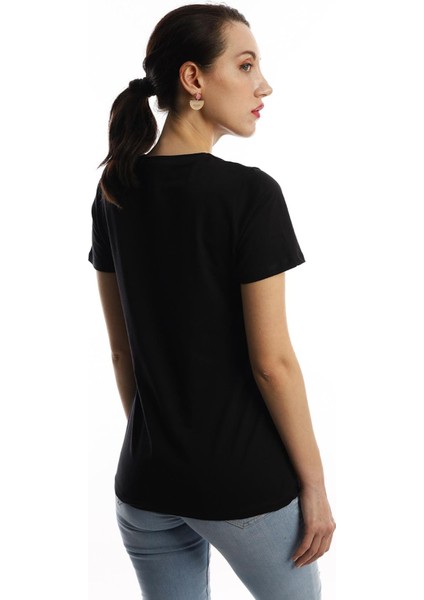 Kadin Bisiklet Yaka Baskılı Basic T-Shirt Siyah