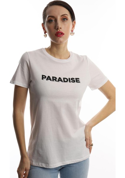 Polo State Kadın Paradise Baskılı Bisiklet Yaka T-Shirt Beyaz