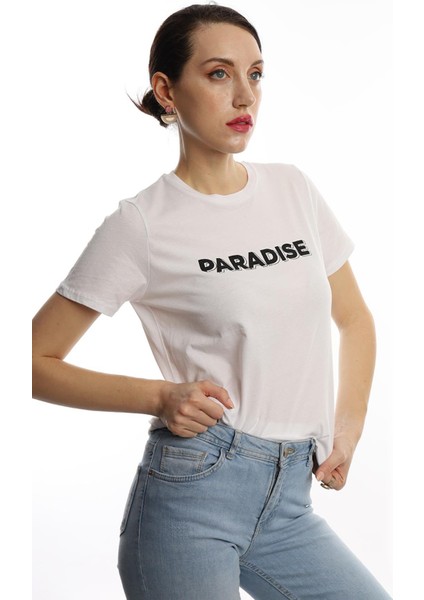 Polo State Kadın Paradise Baskılı Bisiklet Yaka T-Shirt Beyaz