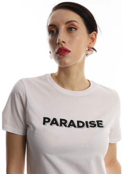 Polo State Kadın Paradise Baskılı Bisiklet Yaka T-Shirt Beyaz