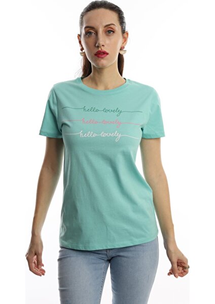 Polo State Kadın Hello Lovely Yazı Baskılı T-Shirt Turkuaz