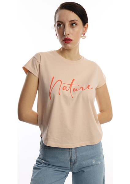 Polo State Kadın Nature Yazı Baskılı Crop T-Shirt Bej