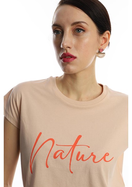 Polo State Kadın Nature Yazı Baskılı Crop T-Shirt Bej