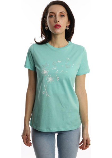 Kadin Bisiklet Yaka Baskılı Basic T-Shirt Turkuaz