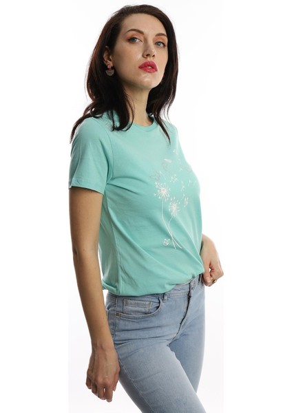 Kadin Bisiklet Yaka Baskılı Basic T-Shirt Turkuaz