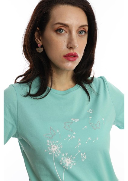 Kadin Bisiklet Yaka Baskılı Basic T-Shirt Turkuaz