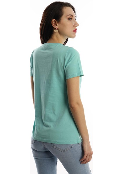 Kadin Bisiklet Yaka Baskılı Basic T-Shirt Turkuaz
