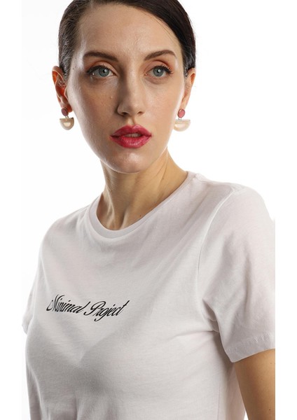 Kadın Minimal Project Basklı T-Shirt Beyaz