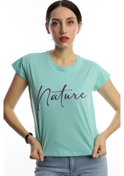 Polo State Kadın Nature Yazı Baskılı Crop T-Shirt Turkuaz