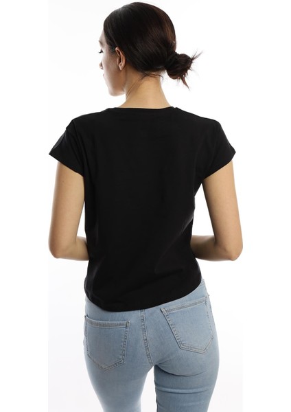 Kadın Pars Desen Baskılı Crop T-Shirt Siyah