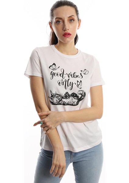 Polo State Kadın Good Vibes Only Yazı Baskılı T-Shirt Beyaz