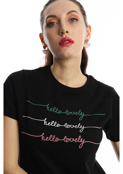 Polo State Kadın Hello Lovely Yazı Baskılı T-Shirt Siyah