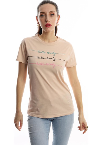 Polo State Kadın Hello Lovely Yazı Baskılı T-Shirt Bej