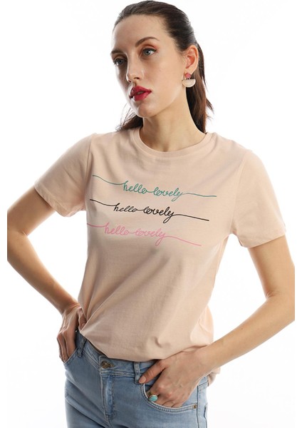 Polo State Kadın Hello Lovely Yazı Baskılı T-Shirt Bej