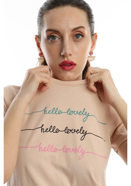 Polo State Kadın Hello Lovely Yazı Baskılı T-Shirt Bej