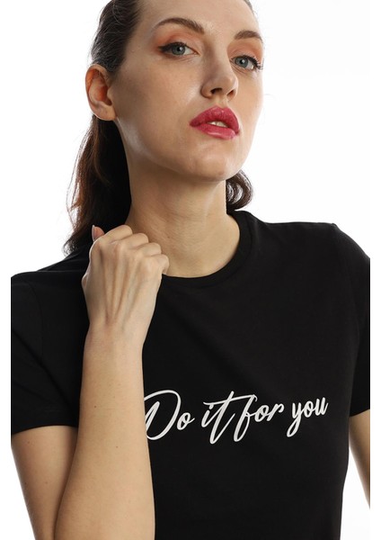 Polo State Kadın Do It For You Yazı Baskılı T-Shirt Siyah