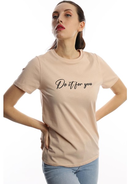 Polo State Kadın Do It For You Yazı Baskılı T-Shirt Bej