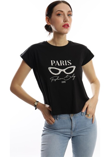 Polo State Kadın Paris Yazı Baskılı Crop T-Shirt Siyah