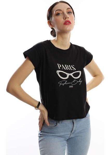 Polo State Kadın Paris Yazı Baskılı Crop T-Shirt Siyah