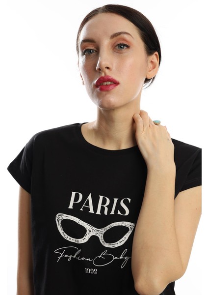 Polo State Kadın Paris Yazı Baskılı Crop T-Shirt Siyah