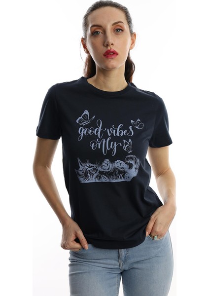Kadın Good Vibes Only Yazı Baskılı T-Shirt Lacivert fiyatları