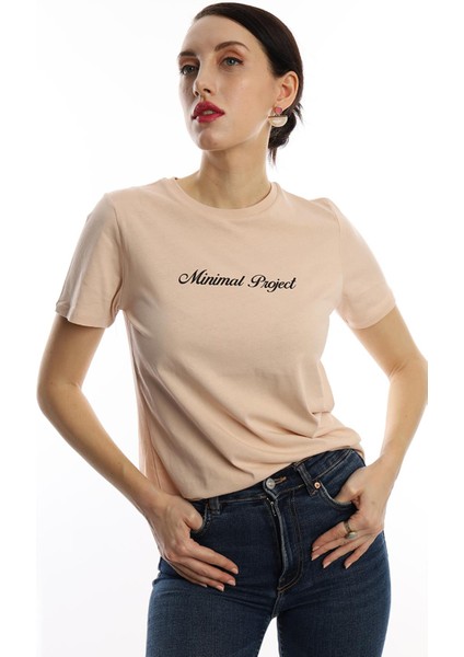 Kadın Minimal Project Basklı T-Shirt Bej