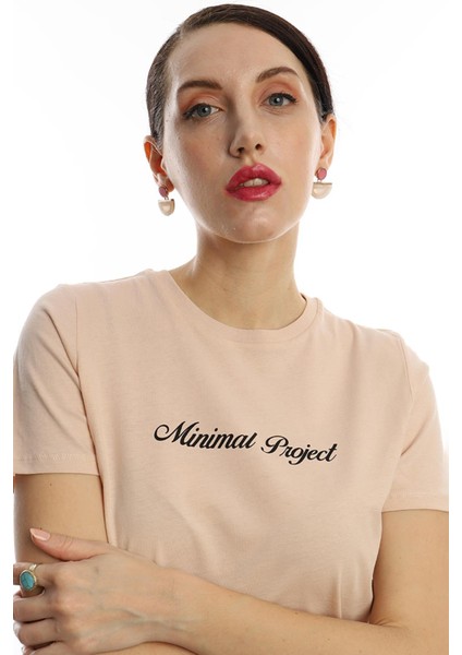 Kadın Minimal Project Basklı T-Shirt Bej modelleri