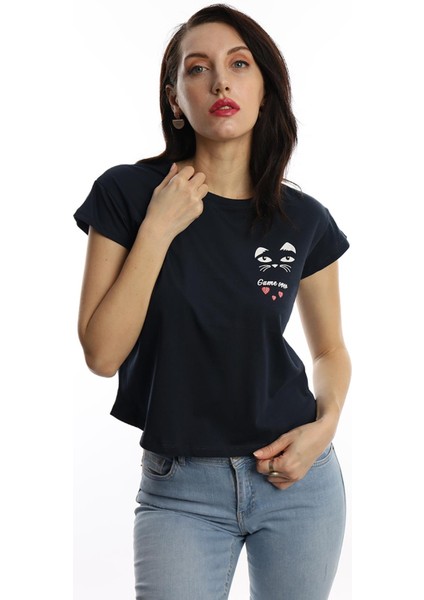 Polo State Kadın Game Over Kedi Baskılı T-Shirt Lacivert