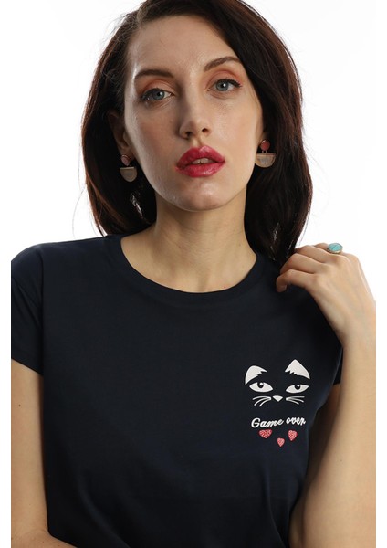 Polo State Kadın Game Over Kedi Baskılı T-Shirt Lacivert